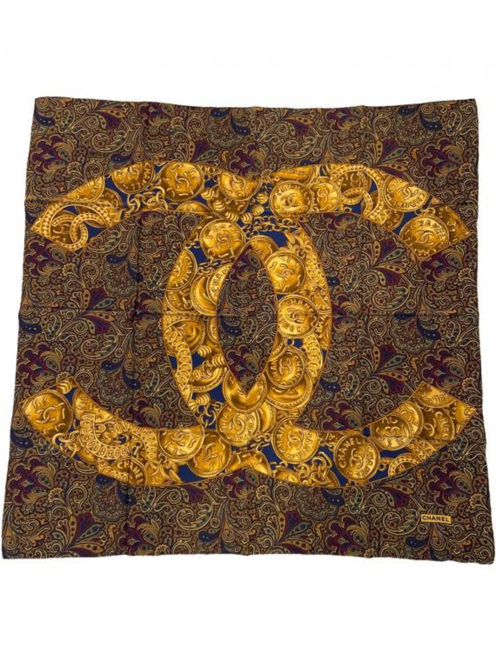CHANEL Gold Coin Motif Silk Scarf - Navy, Brown, Purple